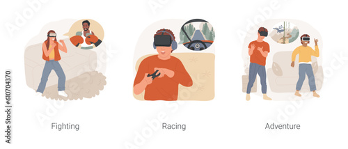 VR at home isolated cartoon vector illustration set. Fighting game, teen boxing in VR headset, racing, augmented driving experience, virtual reality adventure, world simulation vector cartoon.