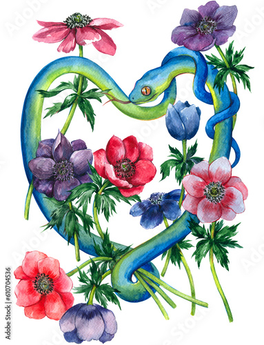 Large beautiful watercolor poster illustration with a bright snake and flowers on a white background © Arina