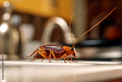 Close-up of a cockroach on the kitchen table.