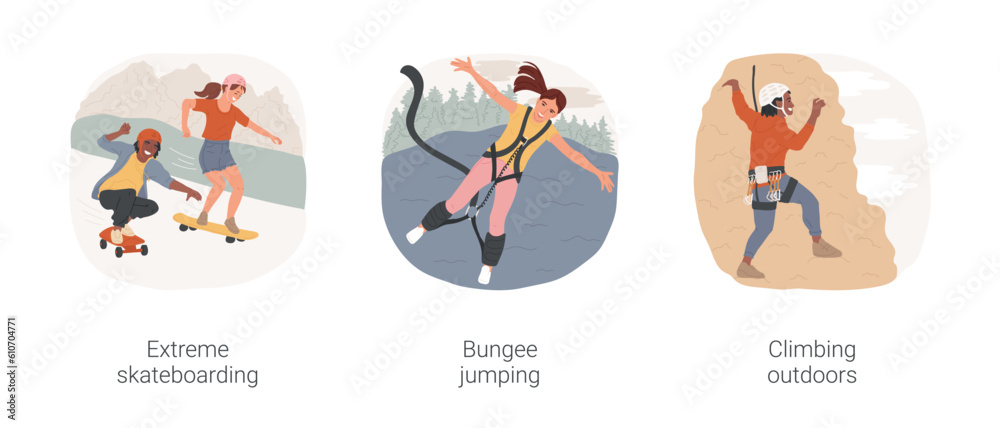 Extreme teen sports isolated cartoon vector illustration set. Downhill riding, extreme skateboarding, bungee jumping equipment, climbing outdoors, bouldering, teenagers having fun vector cartoon.