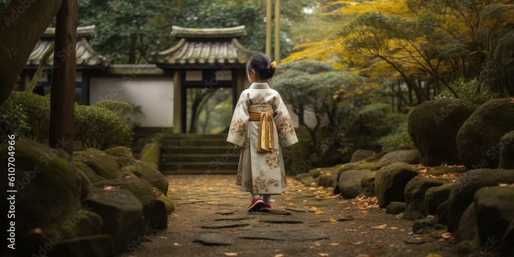 Japanese little girl wearing traditional cloth in garden. Asian little girl wearing kimono