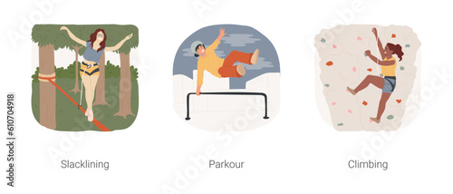 Extreme sports isolated cartoon vector illustration set. Slacklining, balancing on a rope, urban parkour, sporty teenage boy making somersault, climbing gym, physical activity vector cartoon.