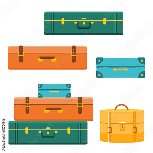 Set of suitcases for work and leisure. Vintage luggage. Retro suitcases. Trendy unique suitcases for travel, vacation, summer trip. Isolated vector