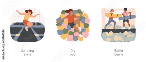 Trampoline park isolated cartoon vector illustration set. Teenage girl honing her jumping skills, acrobatics training, jumping in dry pool, teens fighting on balance beam vector cartoon.
