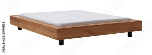 Wooden bed with empty mattress isolated transparent background