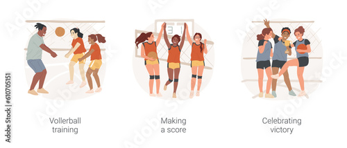 Volleyball isolated cartoon vector illustration set. Teenage volleyball players training in gym  making a score  team spirit  celebrating victory  holding trophy  competitive sport vector cartoon.