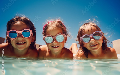Happy kids in colorful sunglasses are laughing and having fun in the swimming pool on summer vacation - ai generative
