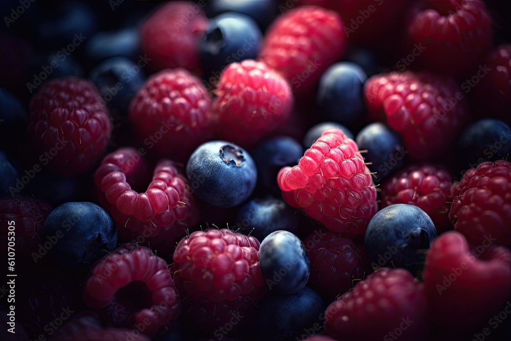 Delicious raspberries and blueberries, ideal fruits for a healthy and balanced diet. Generative AI Delicious raspberries and blueberries, ideal fruits for a healthy and balanced diet. Generative AI
