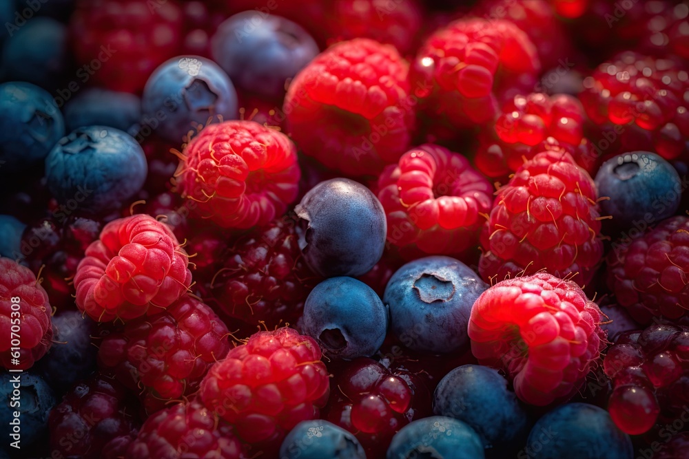 Delicious raspberries and blueberries, ideal fruits for a healthy and balanced diet. Generative AI