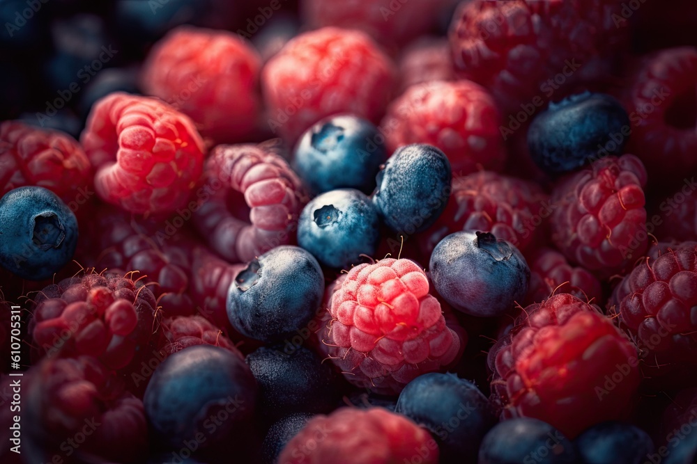 Delicious raspberries and blueberries, ideal fruits for a healthy and balanced diet. Generative AI Delicious raspberries and blueberries, ideal fruits for a healthy and balanced diet. Generative AI