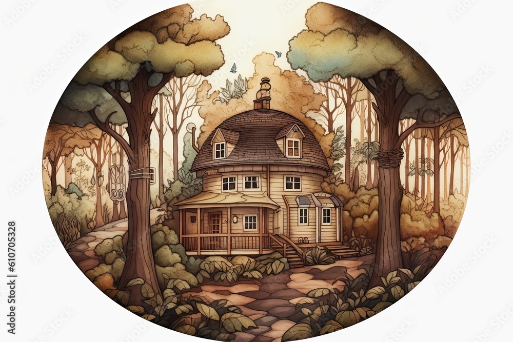 Botanical illustration of a cartoon house in the forest with green tones. Generative AI