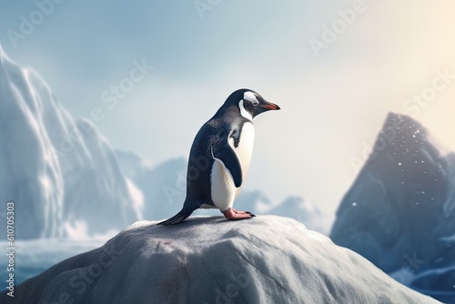 Cute and lovely penguin standing on an ice rock with mountains in the background. Generative AI