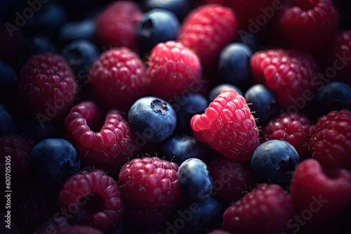 Delicious raspberries and blueberries  ideal fruits for a healthy and balanced diet. Generative AI