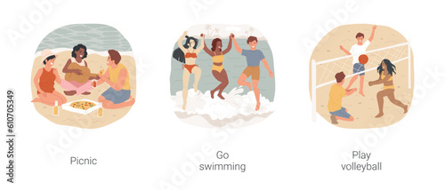 Hanging out at the beach isolated cartoon vector illustration set. Making beach picnic with friends, group of teenagers go swimming in the sea, teens playing volleyball at seaside vector cartoon.