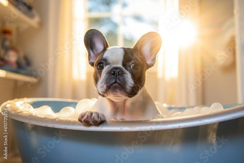 French bulldog in bathtub, soap foam flying all around. AI generative © paffy