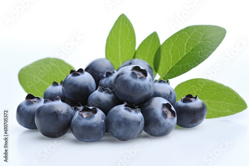 Delicious and flavorful blueberries with their green leaves on a white background. Generative AI
