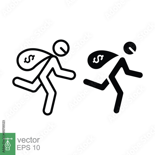 Robbery icon. Simple outline and solid style. Man with sack of money, bank theft, robber, crime concept. Line, silhouette, glyph symbol. Vector illustration isolated on white background. EPS 10.