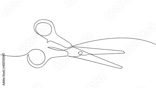 Continuous one line drawing of scissors icon. Design element for barbershop isolated hand drawn. Vector illustration