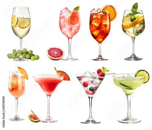 Alcohol Cocktail Mocktail. Many assorted different range types isolated on transparent background cutout. PNG file. 