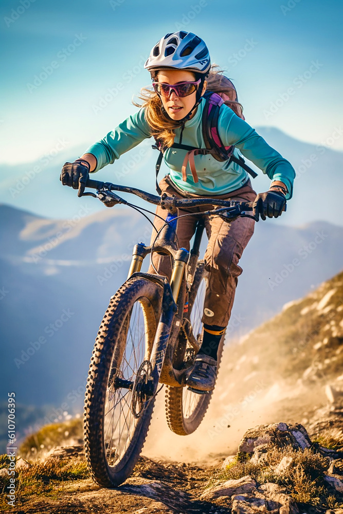 Young woman in helmet and goggles riding down on Mountainbike