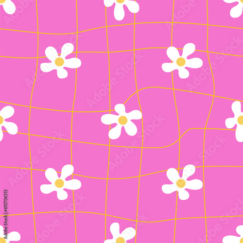 Acid pink groovy seamless pattern with white flowers. Retro hippie psychedelic chamomile texture. Melted checkered vector design. Great for textile, fabric, stationery, wallpapers and wrapping