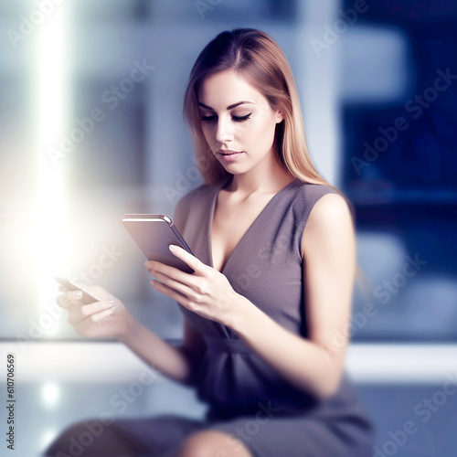A modern and attractive woman writing on a smartphone. Ai generativ.