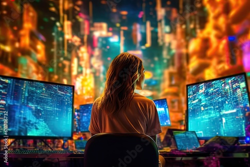 girl overwhelmed by data and social media. She is behind a desk, neon colours around her.