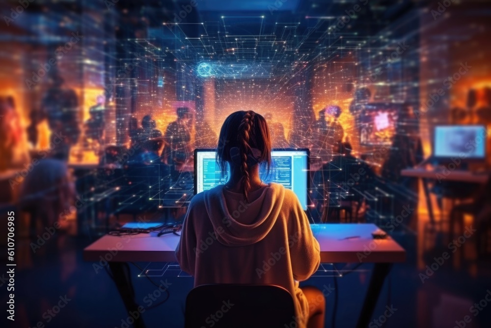 A hyper realistic computer generated image of a girl overwhelmed by data and social media. She is behind a desk, neon colours around her.