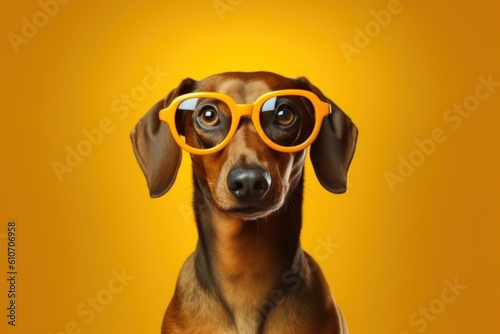 Serious Dachshund dog in glasses looking at camera, on bright yellow background. AI generative. © paffy