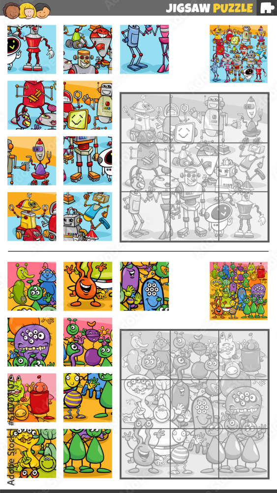 jigsaw puzzle activities set with cartoon fantasy characters