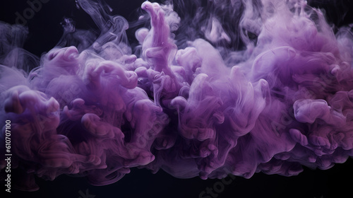 Generative AI illustration of abstract purple and violet fluffy pastel ink smoke cloud against black background photo