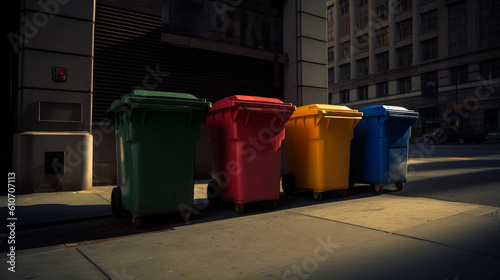 Generative AI illustration of multicolored plastic garbage trash bins for sorting waste placed on city street in evening time