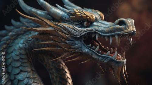 Generative AI illustration of traditional Chinese metallic dragon against blurred background. 2024 New Year concept photo