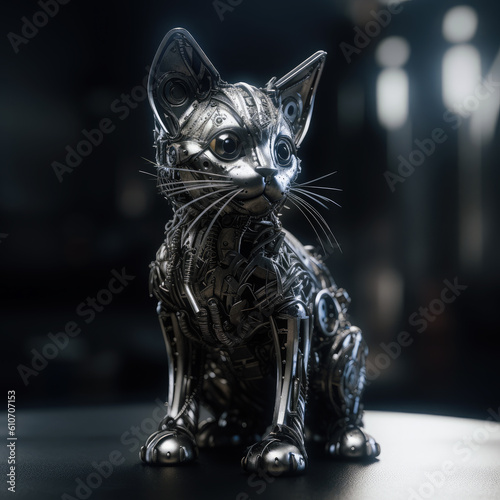 Generative AI illustration of adorable futuristic robotic cat with metal details and whiskers sitting on table against blurred background photo