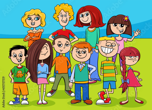 happy cartoon children and teenagers characters group