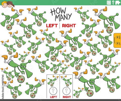 counting left and right pictures of comic alien in weightlessness