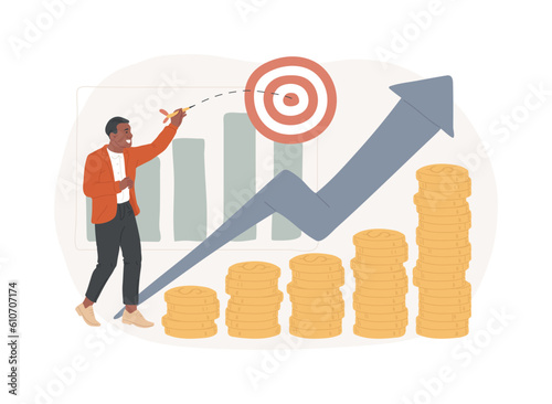 Sales growth isolated concept vector illustration. Profit plan, client database growth, sales manager, promotion method, marketing goal, salesman achievement, rate formula vector concept.