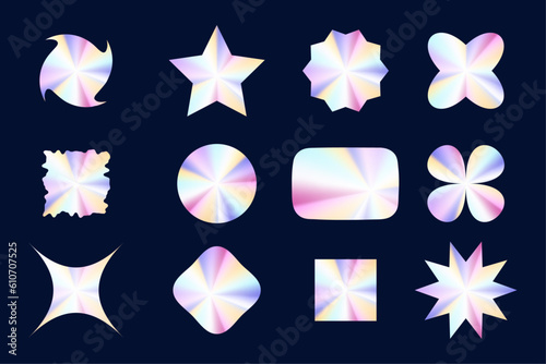 Vector graphics with textured foil effect. Holographic sticker template inserts in trendy style y2k. 