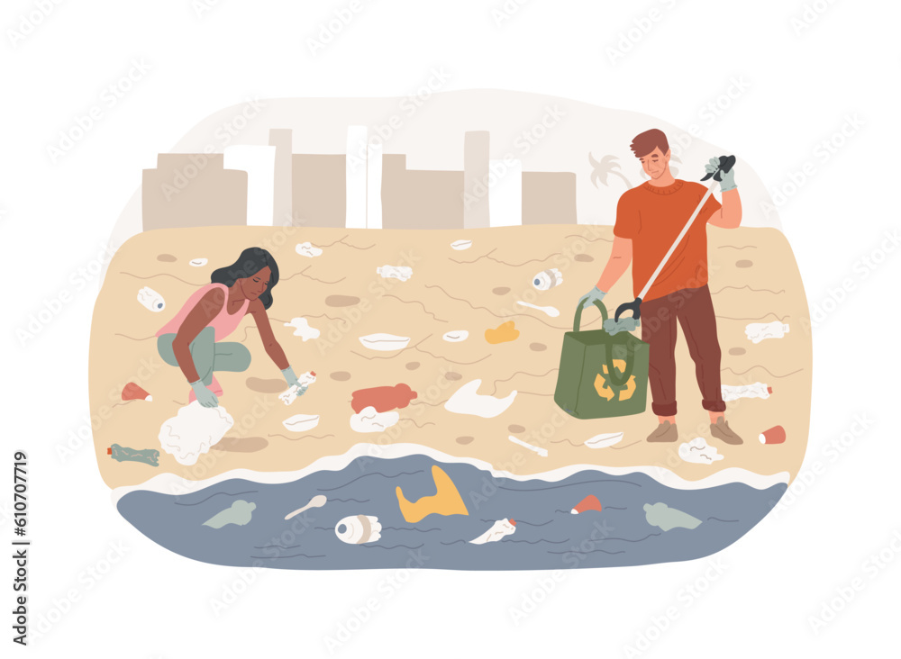 Coastal pollution isolated concept vector illustration. Marine and coastal pollution, plastic ocean, beach area clean up, sea water contamination, toxic waste management vector concept.
