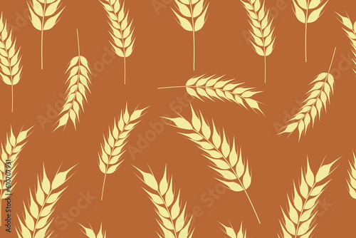 Seamless pattern of ripe wheat spikelets. Agricultural symbol, flour production. Vector silhouette of wheat.