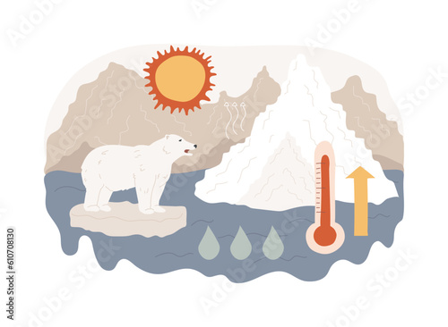 Melting glaciers isolated concept vector illustration. Polar ice caps melting, mountain glacier disappearing cause, raising sea level, global warming, world temperature rise vector concept.