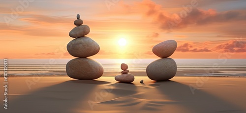 Zen concept. The object of the stones on the beach at sunset. Harmony   Meditation. Zen stones