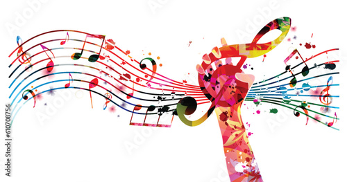 Hand holding treble clef musical note symbol on white background. Music inspired design with abstract G-clef and musical notes staff. Live concert event, talent show, music festival, party flyer
