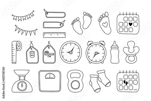 Set baby metric doodles. Birth announcement. Vector set newborn hand drawn elements. Gender party outline icons. Birth stats line art illustrations. Age, height, weight data and cute baby accessories.