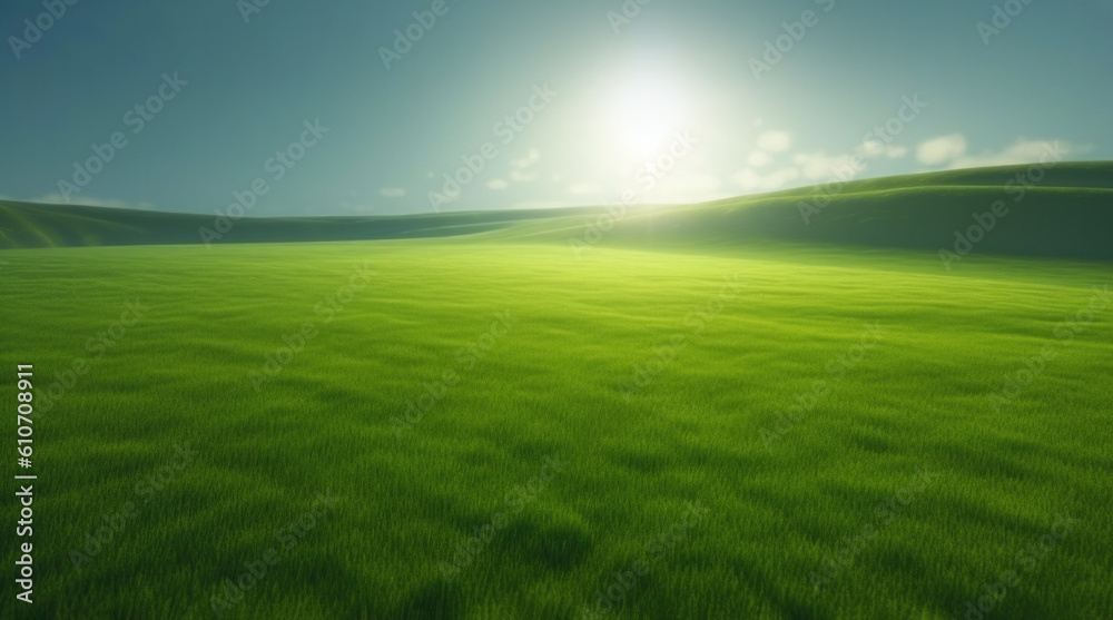 Minimal rural landscape with sunlit green meadows under blue sky, natural background