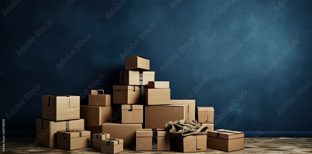 Empty room with stack of cartons: moving house concept, generative ai Empty room with stack of cartons: moving house concept, generative ai