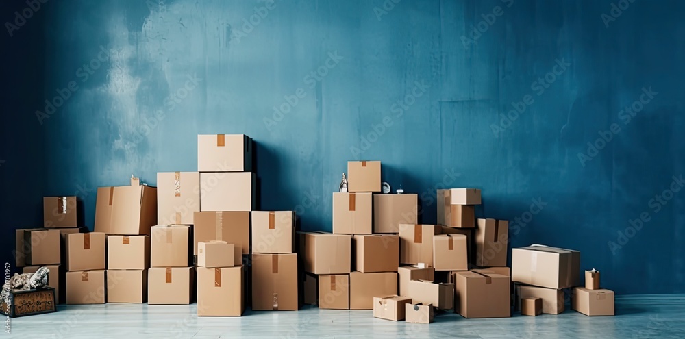 Empty room with stack of cartons: moving house concept, generative ai Empty room with stack of cartons: moving house concept, generative ai