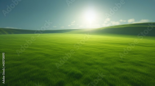 Minimal rural landscape with sunlit green meadows under blue sky, natural background