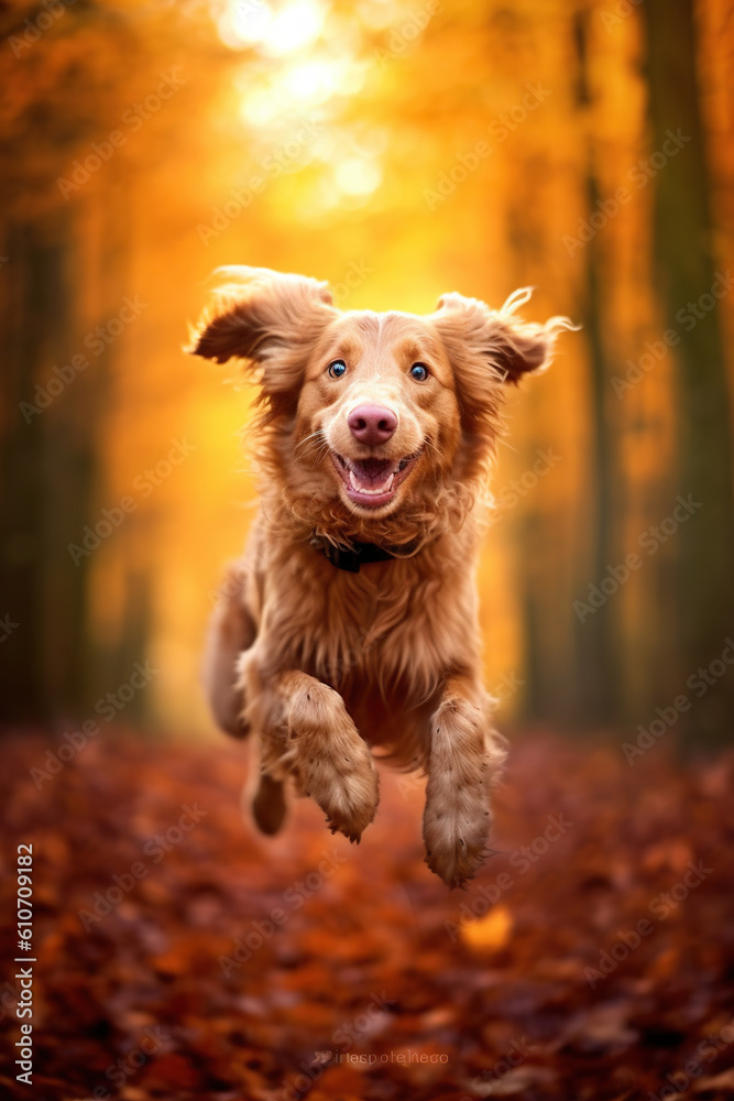 Dog running through autumn leaves in autumn forest. Generative AI