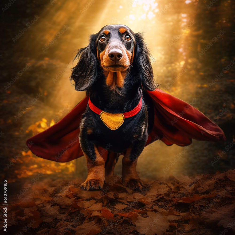 Dog in a super hero cape running through autumn leaves in autumn forest. Generative AI Dog in a super hero cape running through autumn leaves in autumn forest. Generative AI